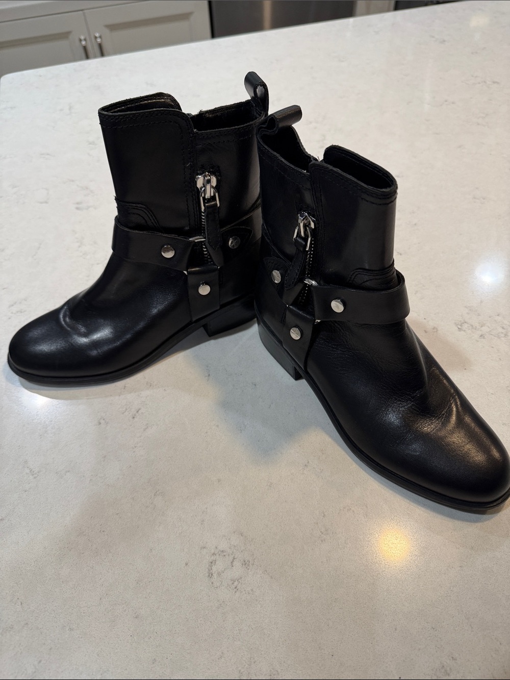 Marc Fisher Dalary Black Leather Moto Harness Ankle Boots Size 6.5